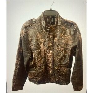 H&D Classic Leather Collection Jacket Size M Distressed Brown Black Denim Insets